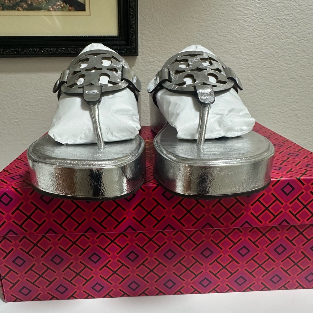 Wore 2hours! Like New/In box! Tory Burch metallic Silver Wedge sandals. - Picture 4 of 12